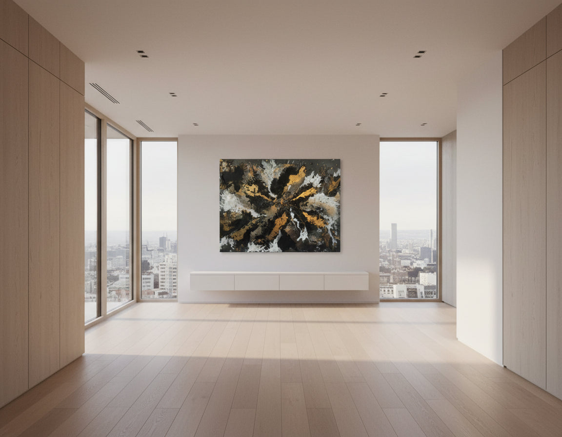 Modernes Acrylbild mit goldener Struktur – handgemalte abstrakte Kunst auf Leinwand